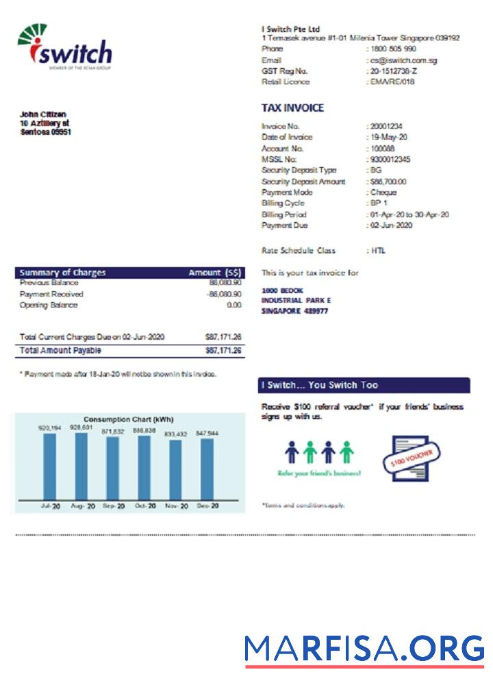 Blank Singapore I Switch electricity utility bill template in Word and PDF format